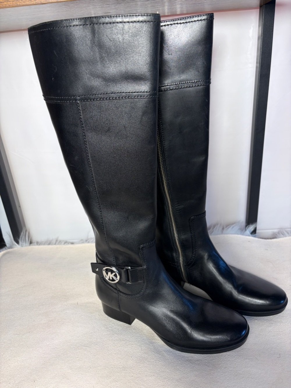 Michael Kors Black Leather Knee high Boots with MK Buckle